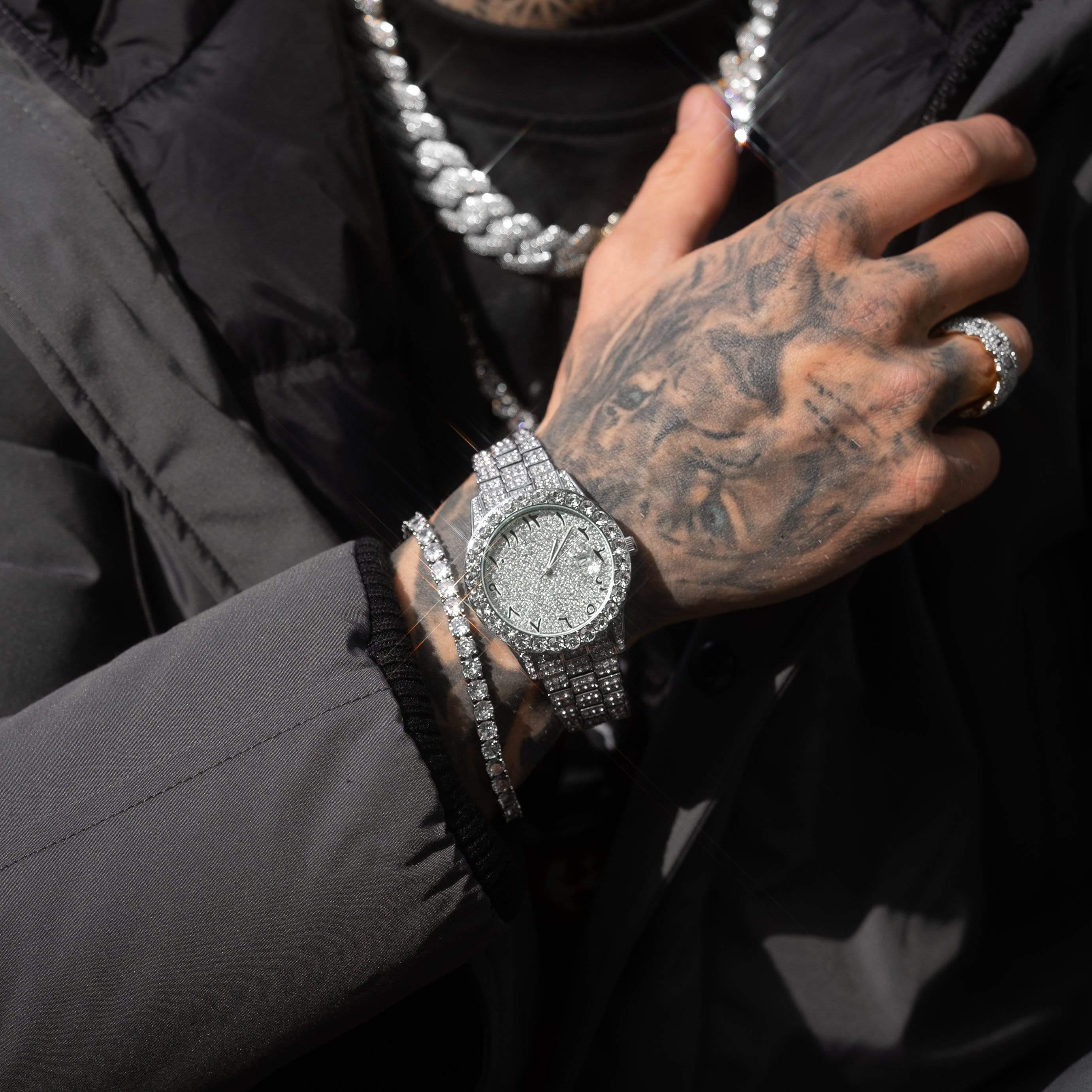 Arabic Dial Diamond Simulant Watch - Silver - Image 3