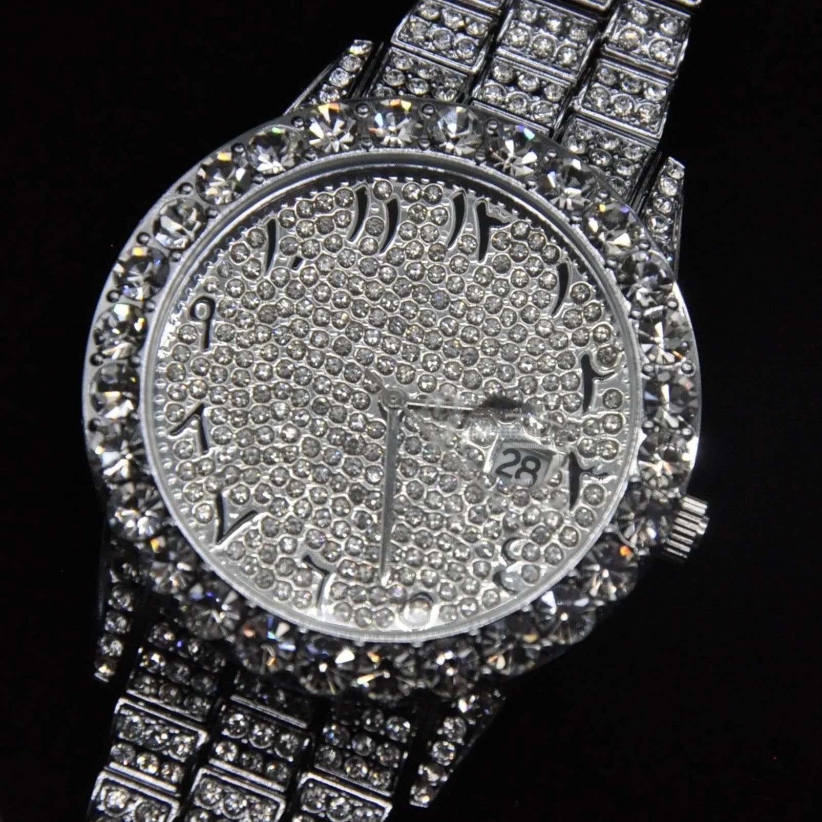 Arabic Dial Diamond Simulant Watch - Silver - Image 4