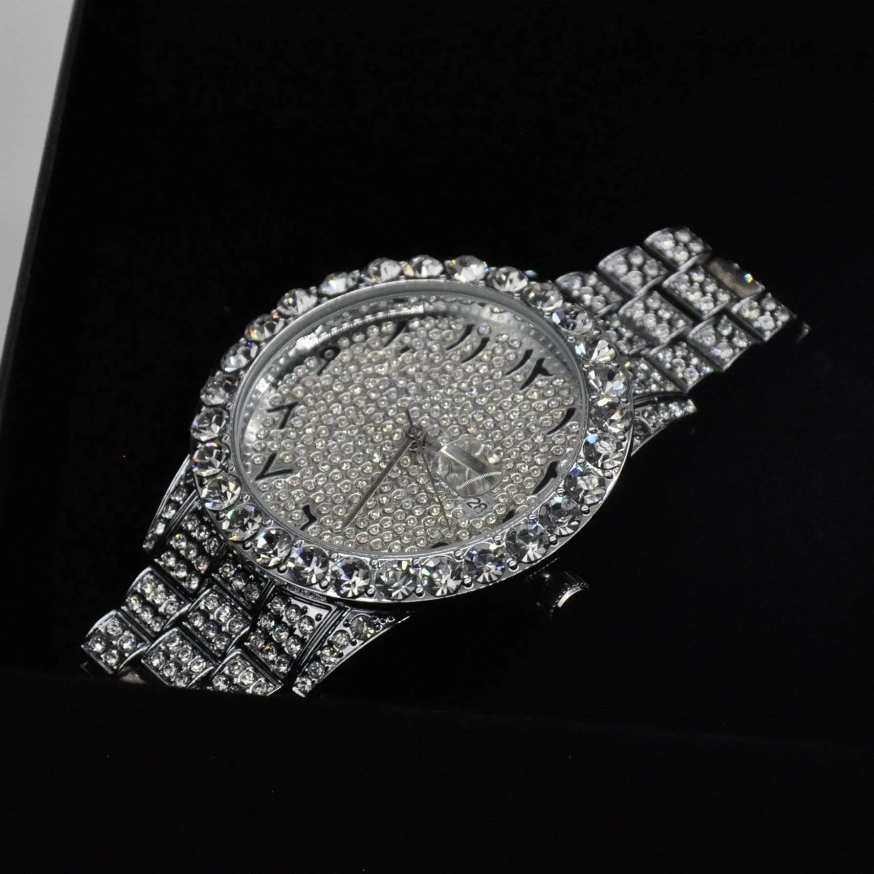 Arabic Dial Diamond Simulant Watch - Silver - Image 5